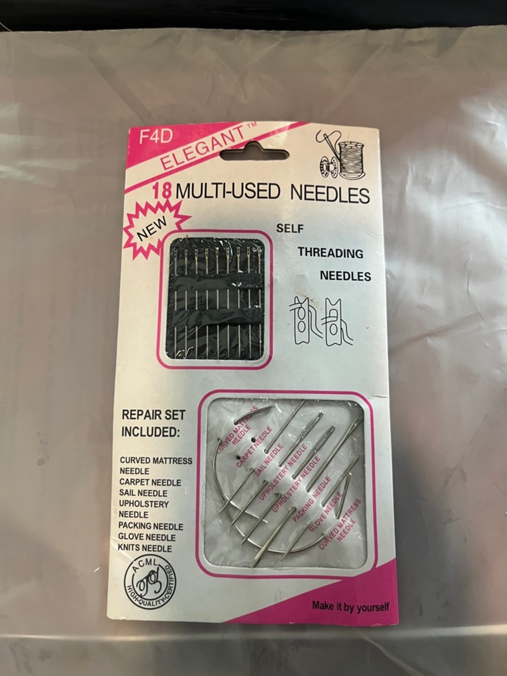 Elegant 18 Multi-Used Self-Threading Needles - White & Pink Packaging
